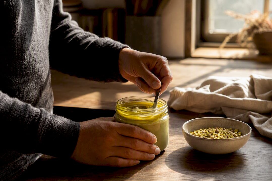 Handen die de afgescheiden pistachecrème in een potje roeren