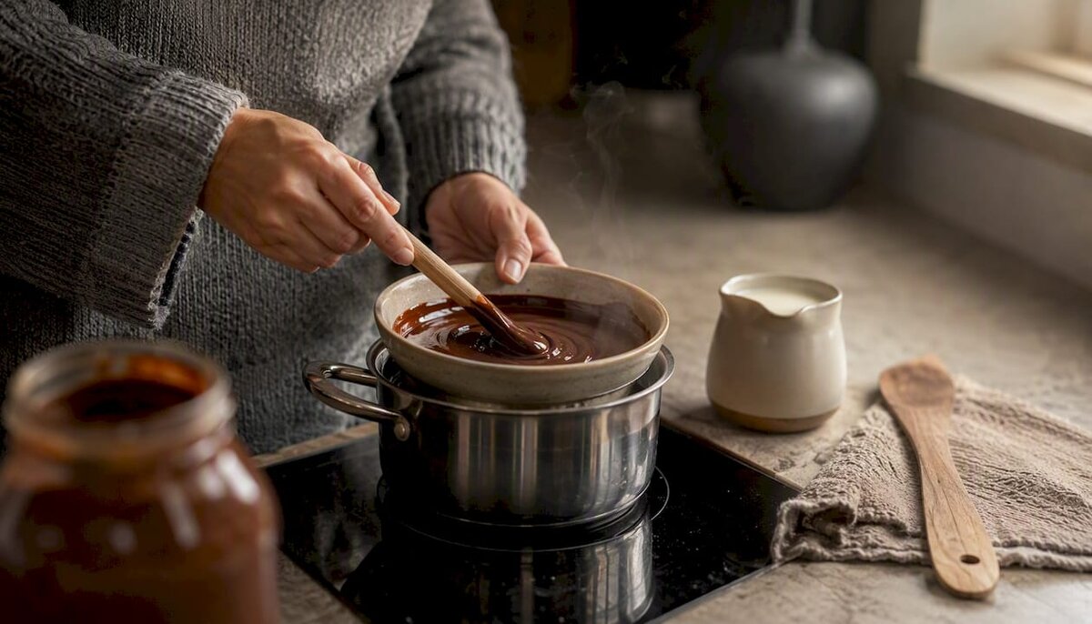 Nussnougat-crème-ganache roeren au bain-marie