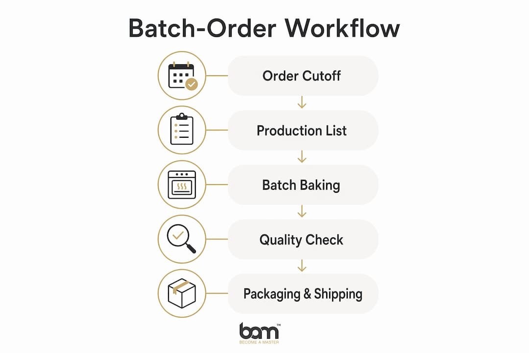 Infographic met verticaal overzicht van de stappen in de workflow voor batchbestellingen