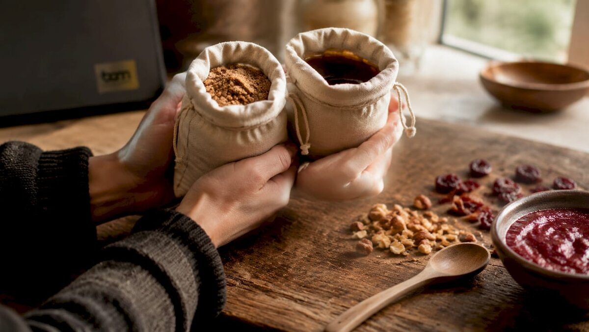 Close-up van ingrediënten voor chocoladevervangers op hout