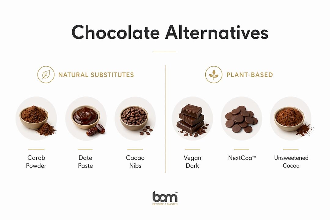 Infographic waarin natuurlijke en plantaardige alternatieven voor chocolade worden vergeleken