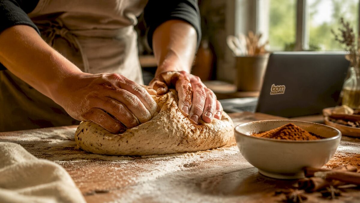 Handen die biologische kruiden over het deeg strooien