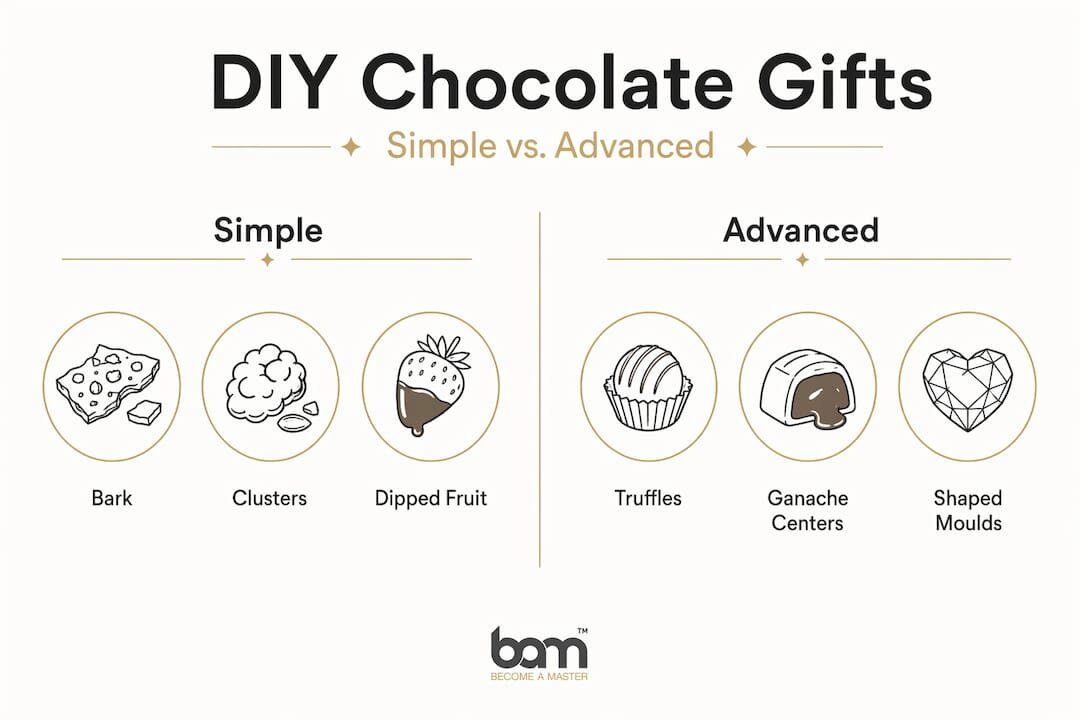 Infographic waarin eenvoudige en geavanceerde technieken voor het geven van chocolade worden vergeleken