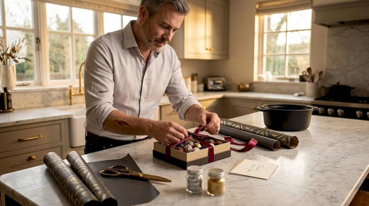 Man die een lint om een zelfgemaakte chocoladedoos knoopt