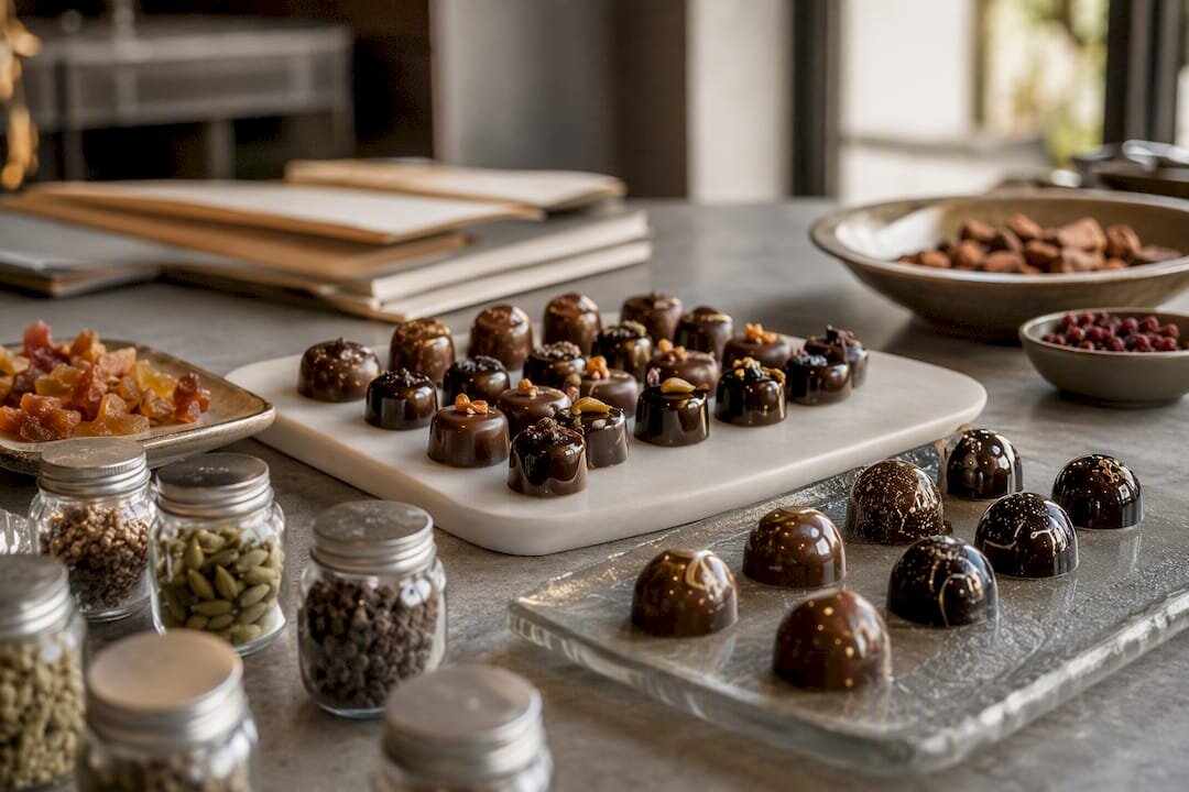 Artistiek, modern praline-assortiment met ingrediënten