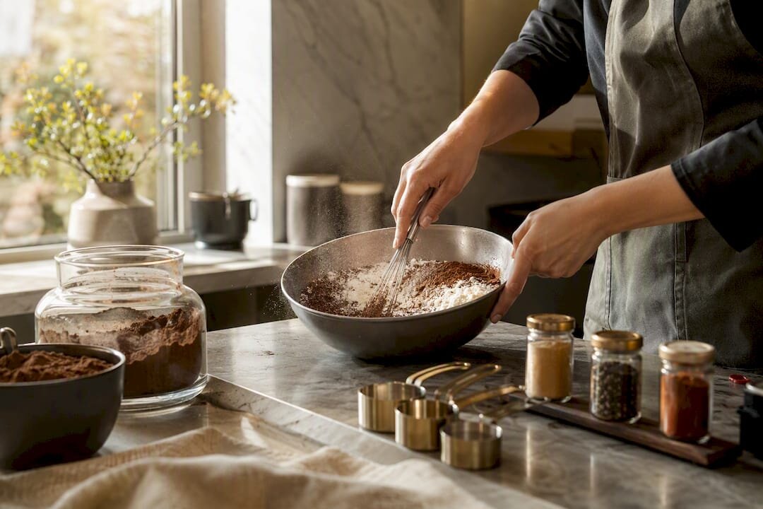 Handen die bloem en cacaopoeder zeven