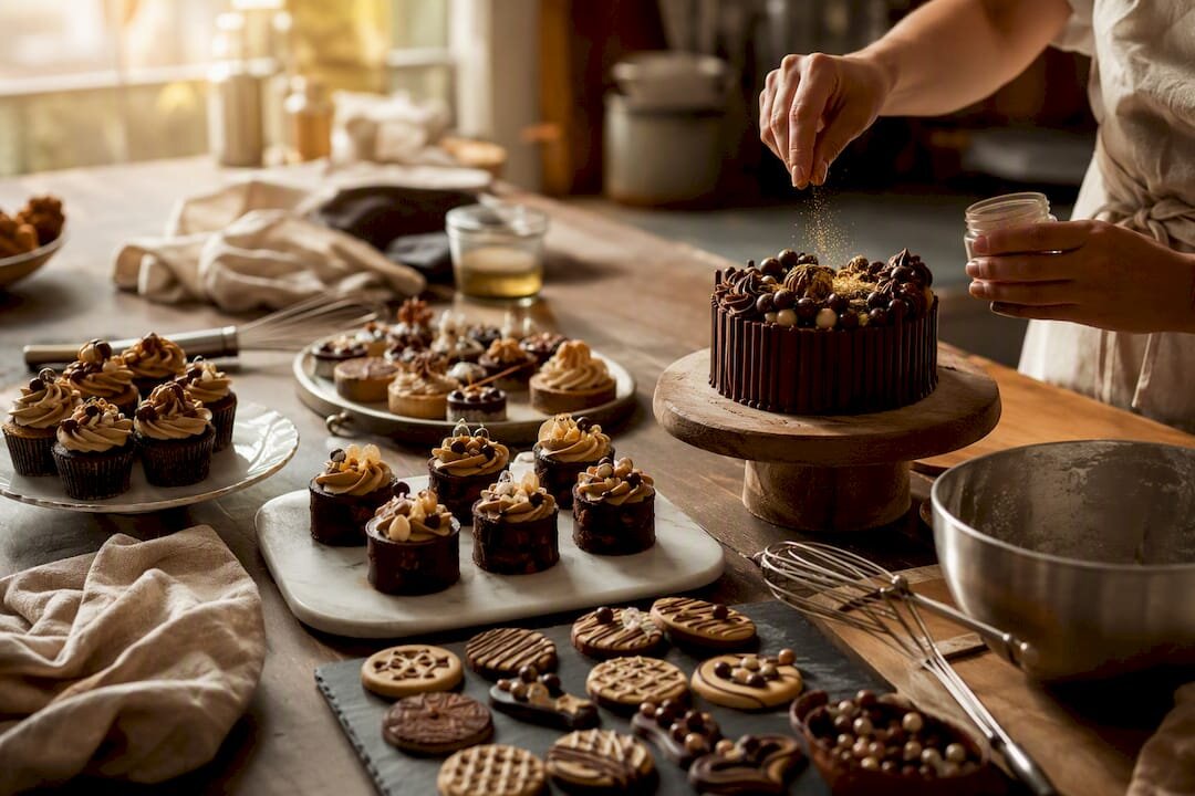 Handen die cupcakes met een bepaald thema versieren