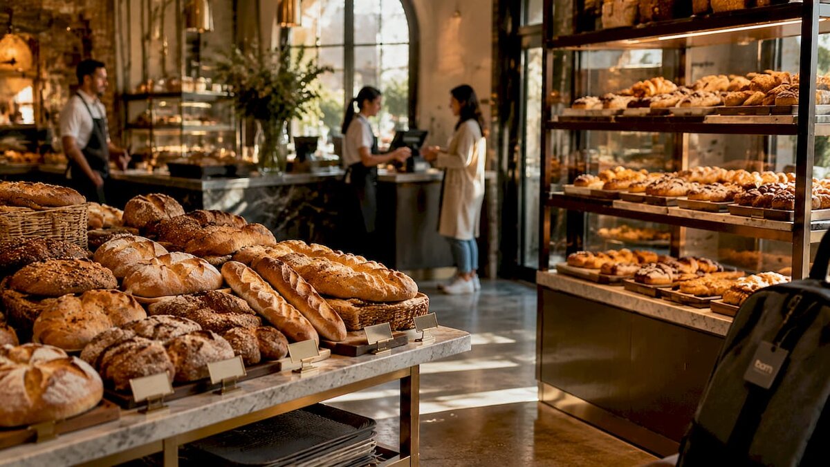 Verschillende soorten luxe bakkerijvitrines naast elkaar