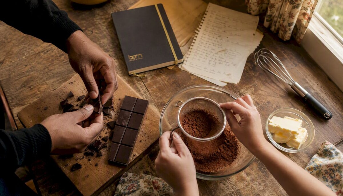 Handen die ingrediënten voor bakken met pure chocolade klaarmaken