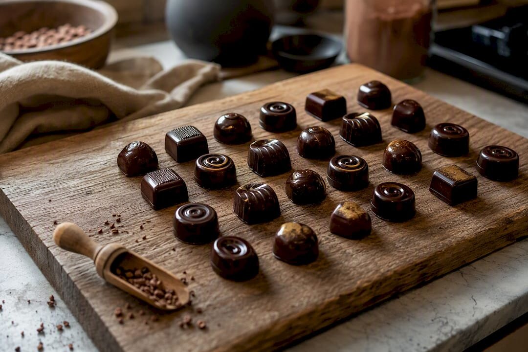 Glanzende pralines van gehard glas op een houten plankje