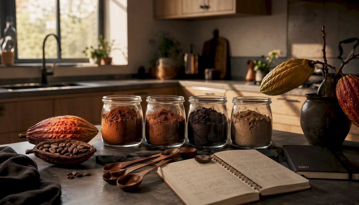 Vier soorten cacaopoeder in kommetjes boven ons hoofd