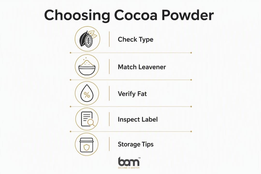 Infographic met de stappen voor het kiezen van cacaopoeder
