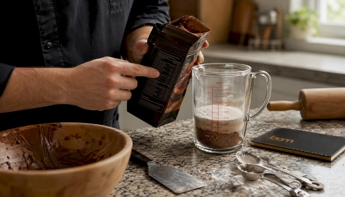 Handen die het etiket met het vetgehalte van cacaopoeder lezen