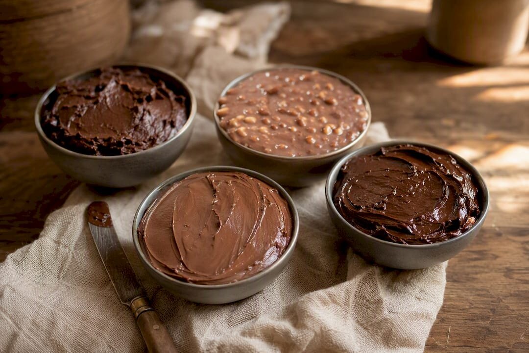 Diverse soorten chocoladepasta in schaaltjes