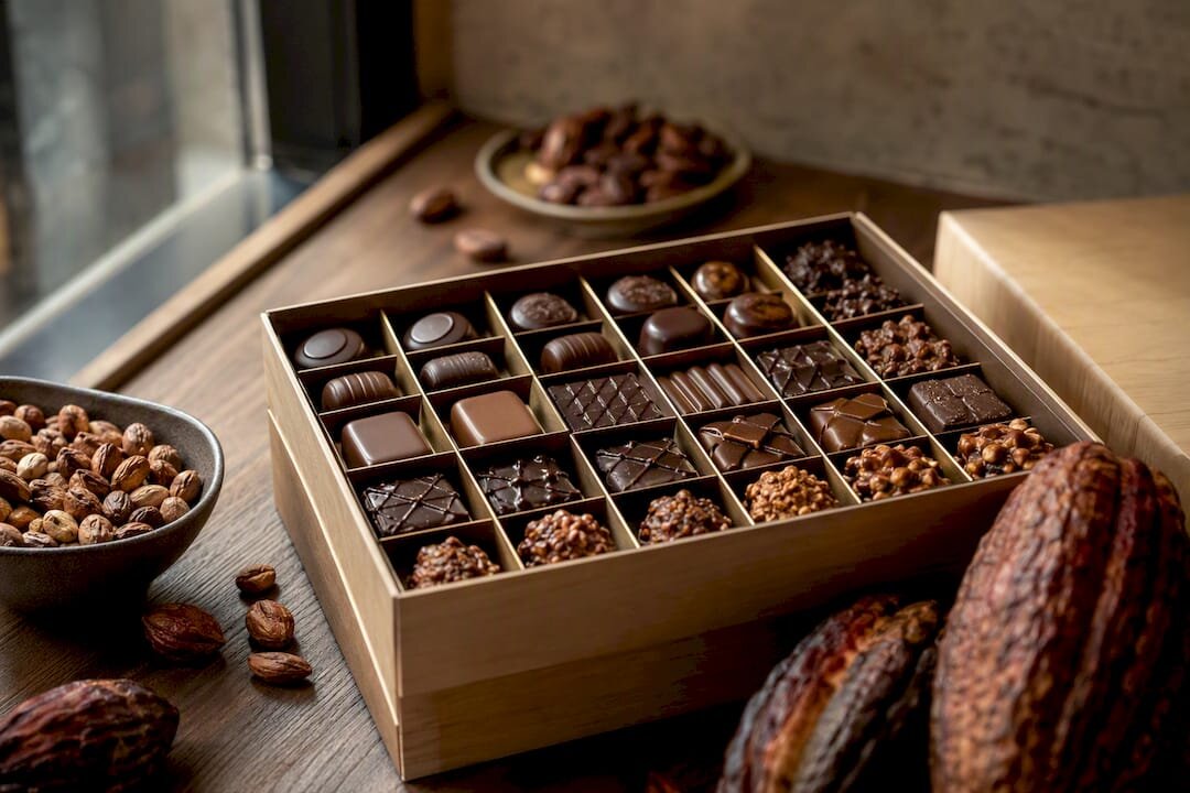 Assortiment chocolaatjes, gerangschikt per soort