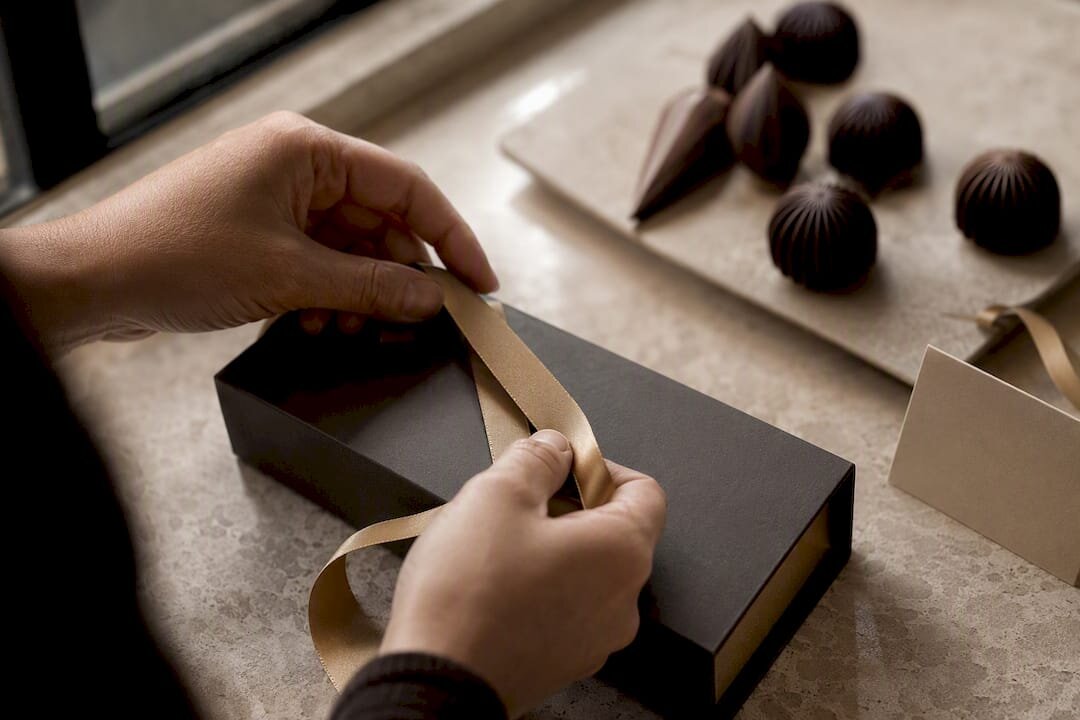 Handen die een lint om een chocoladegeschenkdoos binden