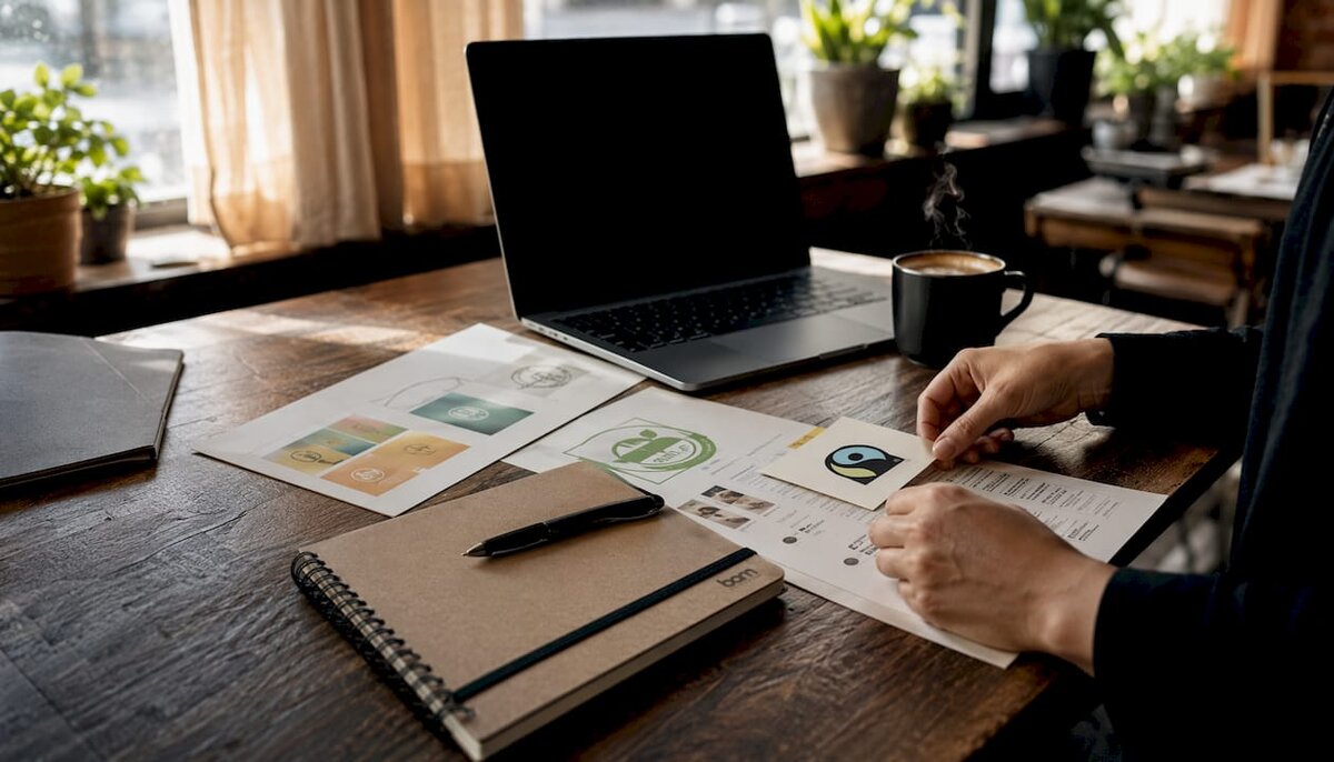 Handen die certificeringsdocumenten op het bureau ordenen