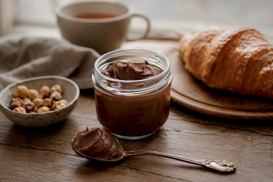 Potje hazelnoot-gianduja met lepel en croissant