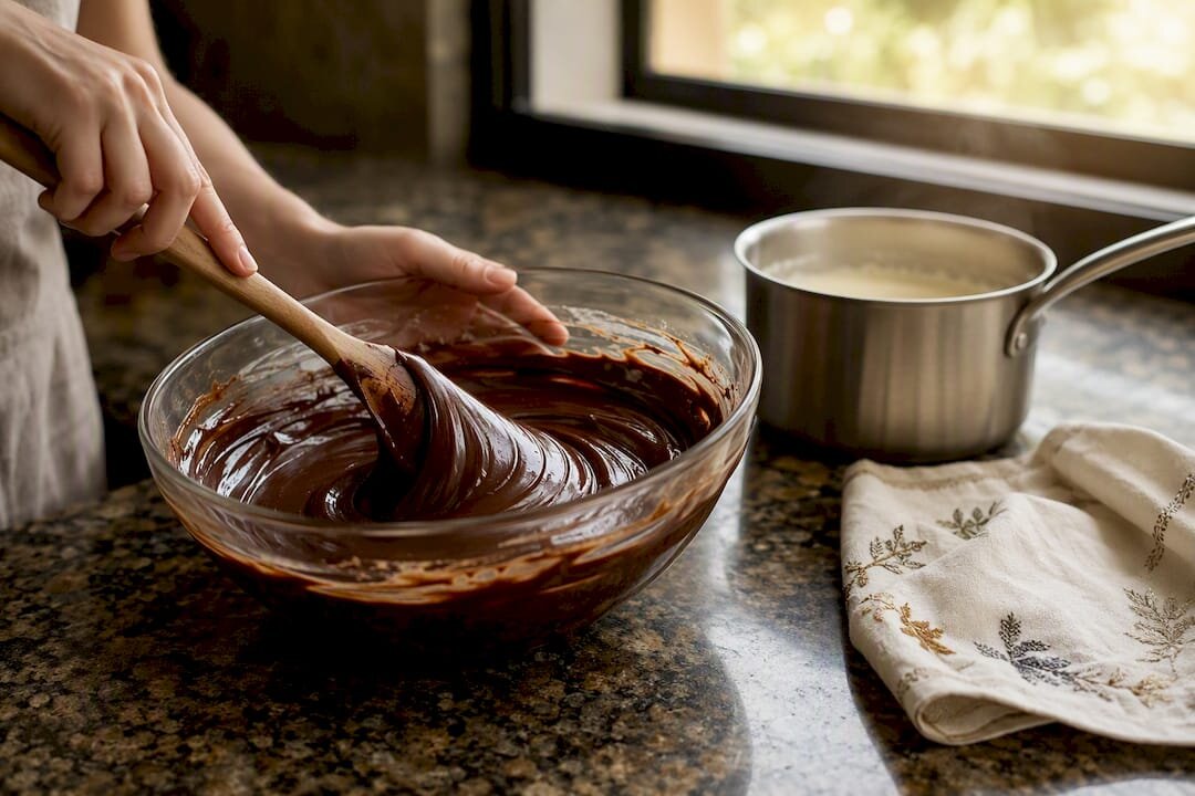 Glanzende ganache van couverturechocolade in een kom