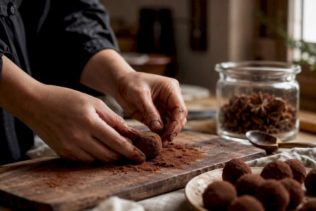 Handen die een truffel door cacaopoeder rollen