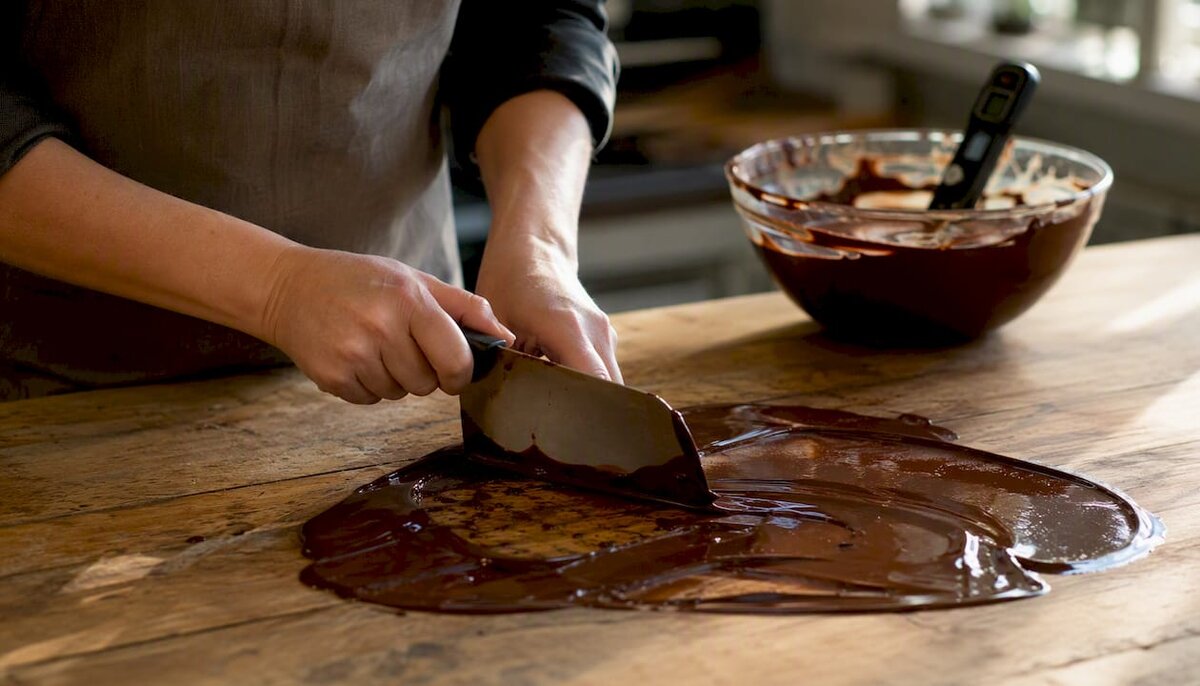 Handen die chocolade tempereren op een marmeren plaat
