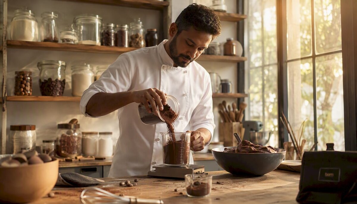 Handen die verschillende soorten cacaopoeder afmeten in een bakkerij