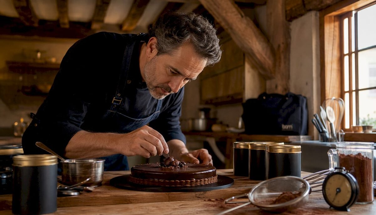 Patissier versiert een ganachetaartje met een laagje cacaopoeder