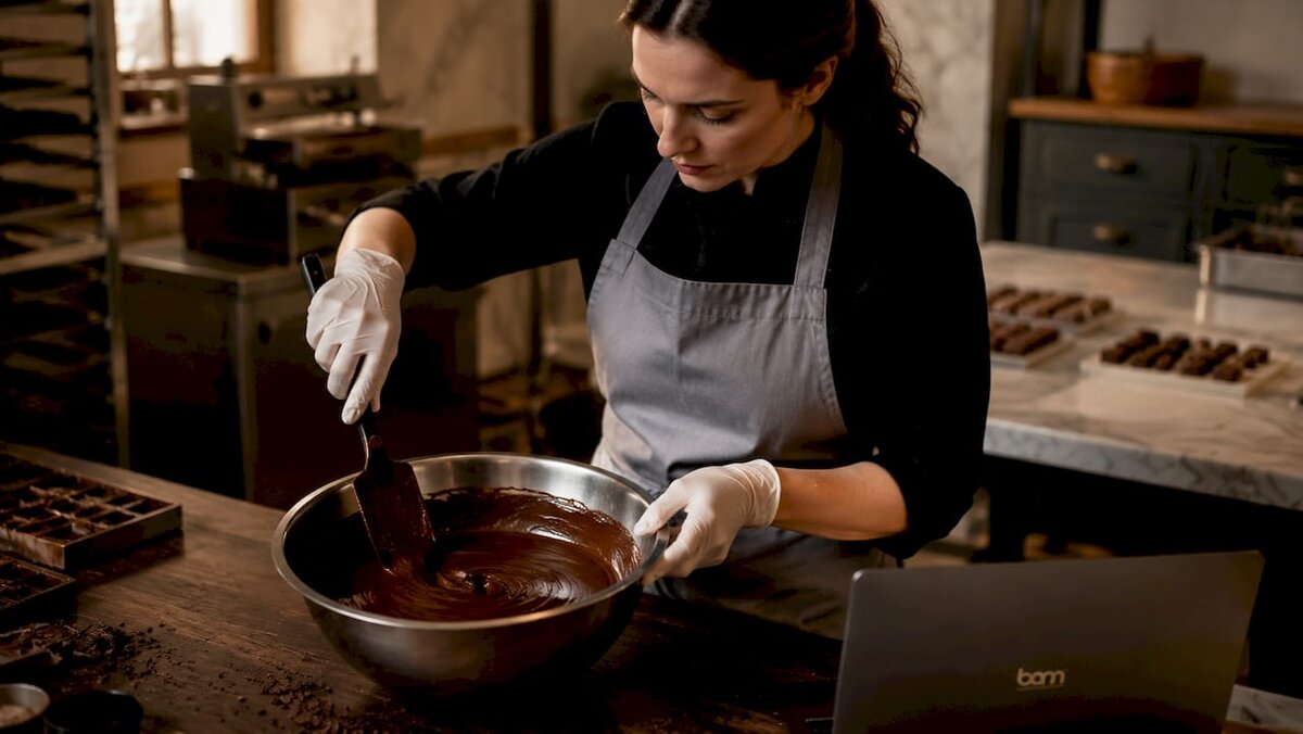 Close-up van handen die gesmolten chocolade roeren