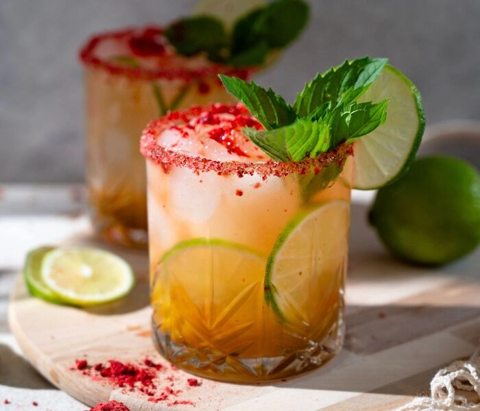 mango mocktail met gevriesdroogde aardbeien